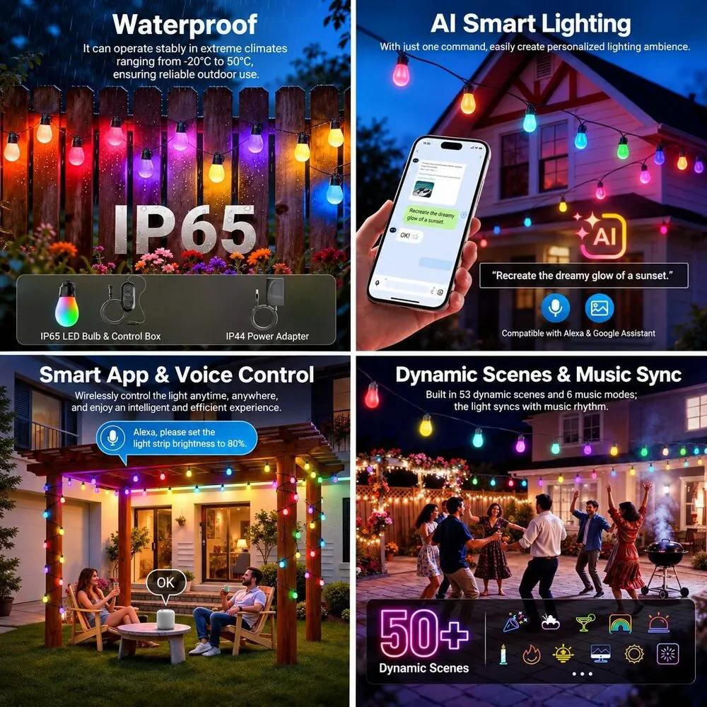 NEEWER NR01 48FT Outdoor String Lights RGBW 15 LED Smart Alexa Google NEW